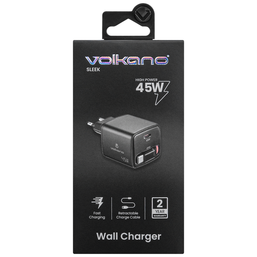 Volkano Sleek Series Fast Wall Charger 45W USB-C with Built-in Retractable 75cm Cable - Black | VK-8082-BK