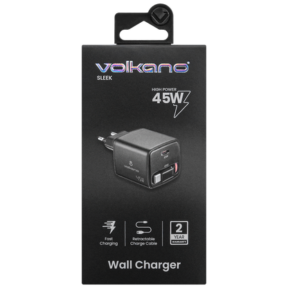 Volkano Sleek Series Fast Wall Charger 45W USB-C with Built-in Retractable 75cm Cable - Black | VK-8082-BK