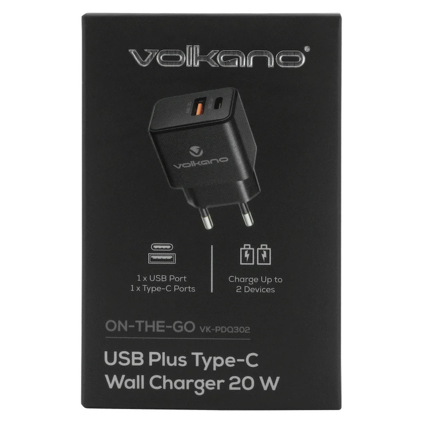 Volkano On-the-Go USB + Type-C 20w PD Wall Charger | VK-PDQ-302-BK