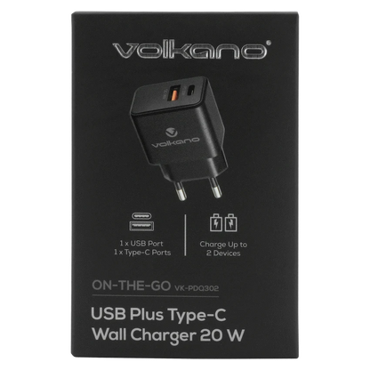 Volkano On-the-Go USB + Type-C 20w PD Wall Charger | VK-PDQ-302-BK