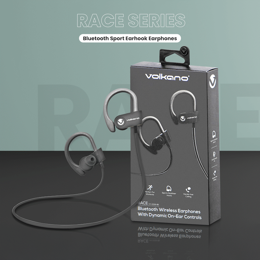 Volkano Race Series Bluetooth Sport Earhook Earphones - Black | VK-1008-BK