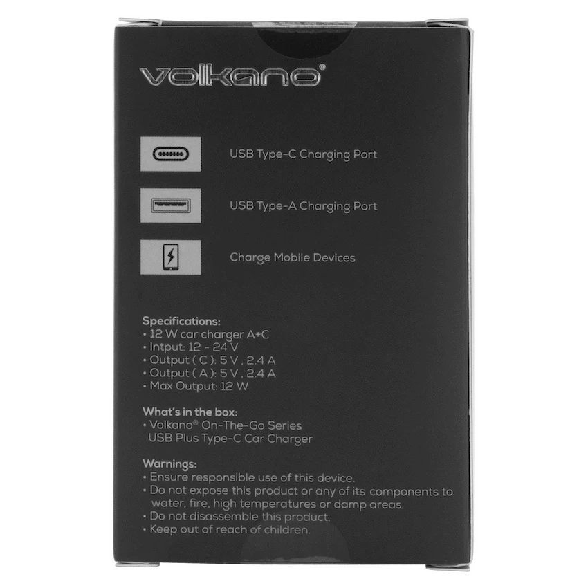 Volkano On-The-Go USB + Type-C 12w Car Charger - Black | VK-PDQ-305-BK
