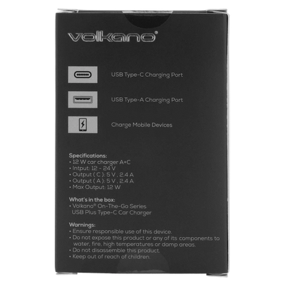 Volkano On-The-Go USB + Type-C 12w Car Charger - Black | VK-PDQ-305-BK