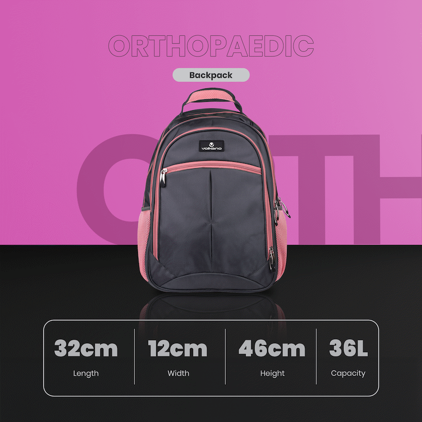 Volkano Orthopaedic Backpack 27L - Dark Grey/Pink | VK-7093-DGRPK