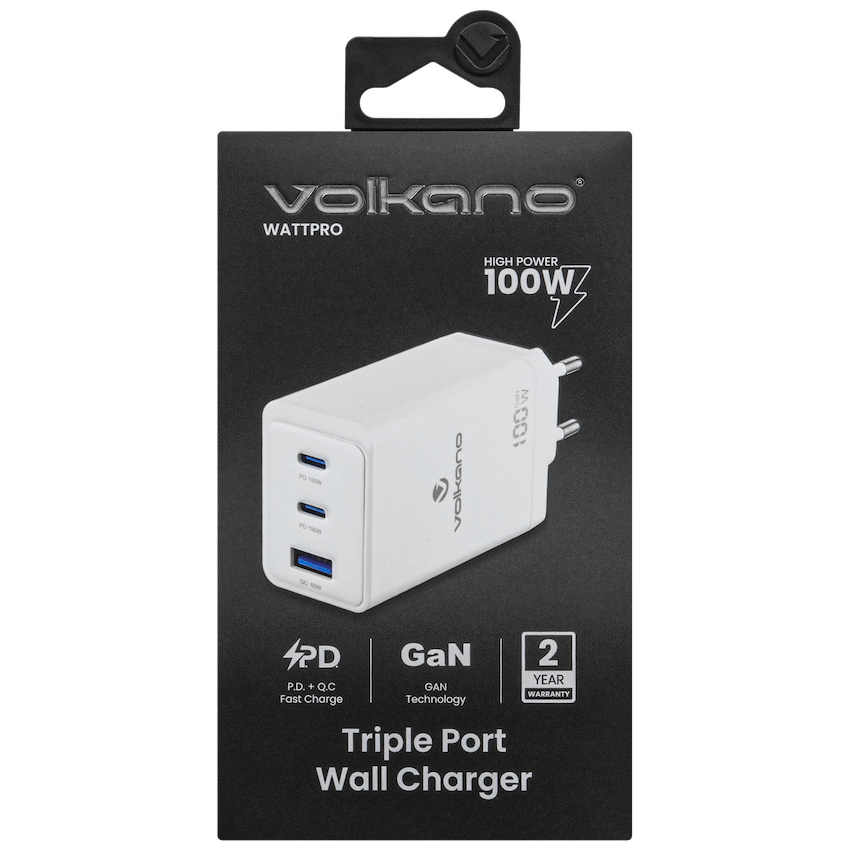 Volkano WattPro Series Triple Port 100W GaN Wall Charger - White | VK-8068-WT