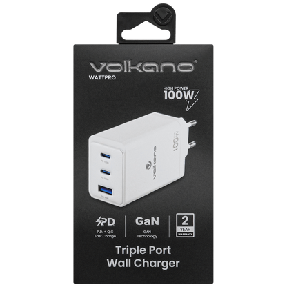 Volkano WattPro Series Triple Port 100W GaN Wall Charger - White | VK-8068-WT