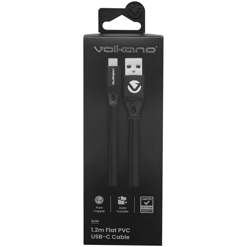 Volkano Slim Series Flat PVC Type-C Cable 1.2m - Black | VK-20085-BK