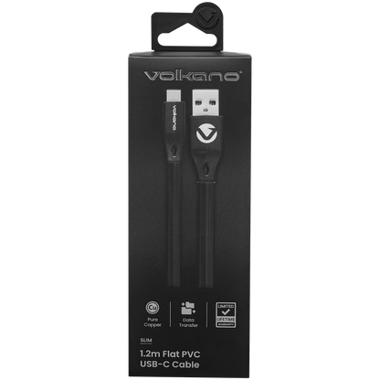 Volkano Slim Series Flat PVC Type-C Cable 1.2m - Black | VK-20085-BK