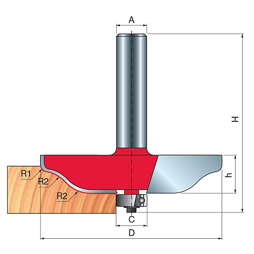 Freud Raised Panel Router Bit, D-89.0mm x h-16mm x H-64.5mm x C-12.7mm x R1-20.0mm x R2-4.0mm x A-1/2" | 99-52050P
