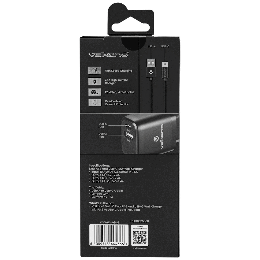 Volkano Volt-C Series Dual USB and USB-C Wall Charger with USB to USB-C Cable Included | VK-5002C-BK[V2]