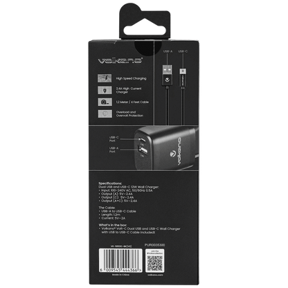 Volkano Volt-C Series Dual USB and USB-C Wall Charger with USB to USB-C Cable Included | VK-5002C-BK[V2]