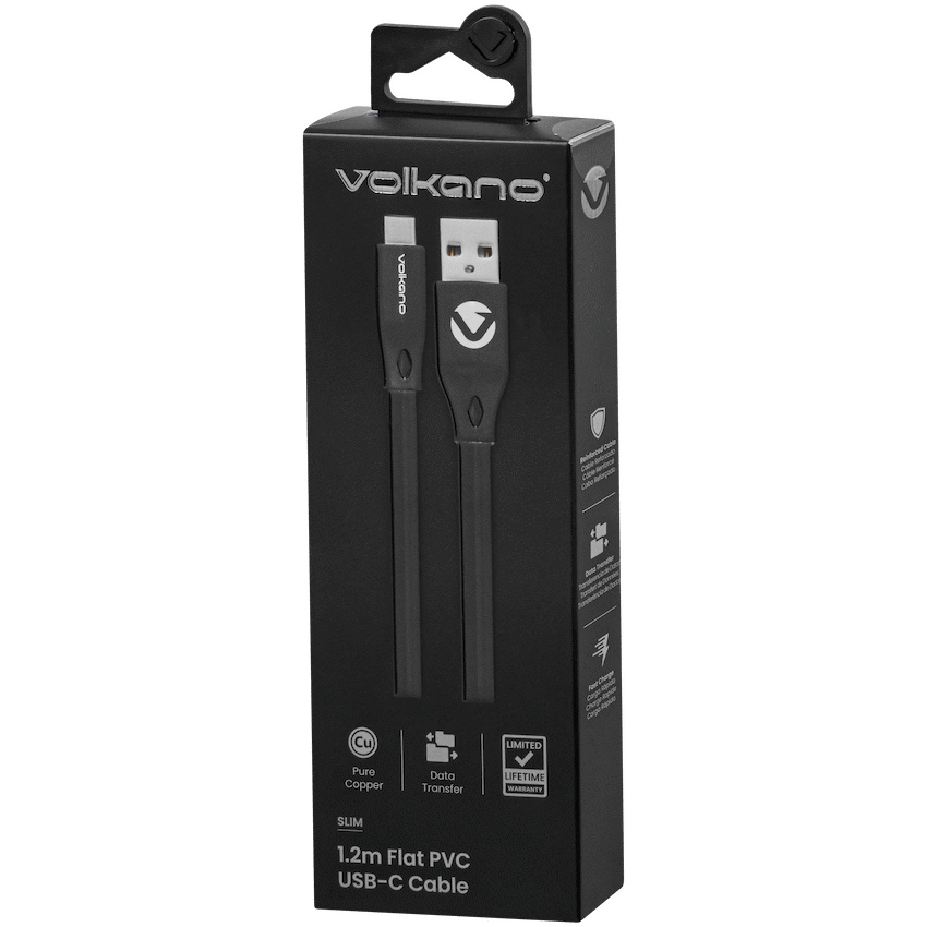 Volkano Slim Series Flat PVC Type-C Cable 1.2m - Black | VK-20085-BK
