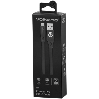 Volkano Slim Series Flat PVC Type-C Cable 1.2m - Black | VK-20085-BK
