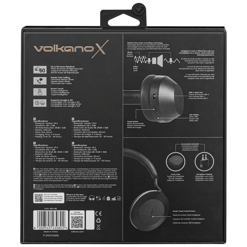 VolkanoX H400 Hybrid Active Noise Cancellation Headphones - Black | VXH-400-BK