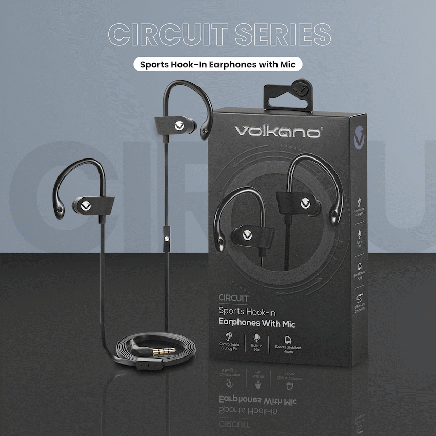 Volkano Circuit Series Sports Hook-In Earphones with Mic | VEH-001-BK