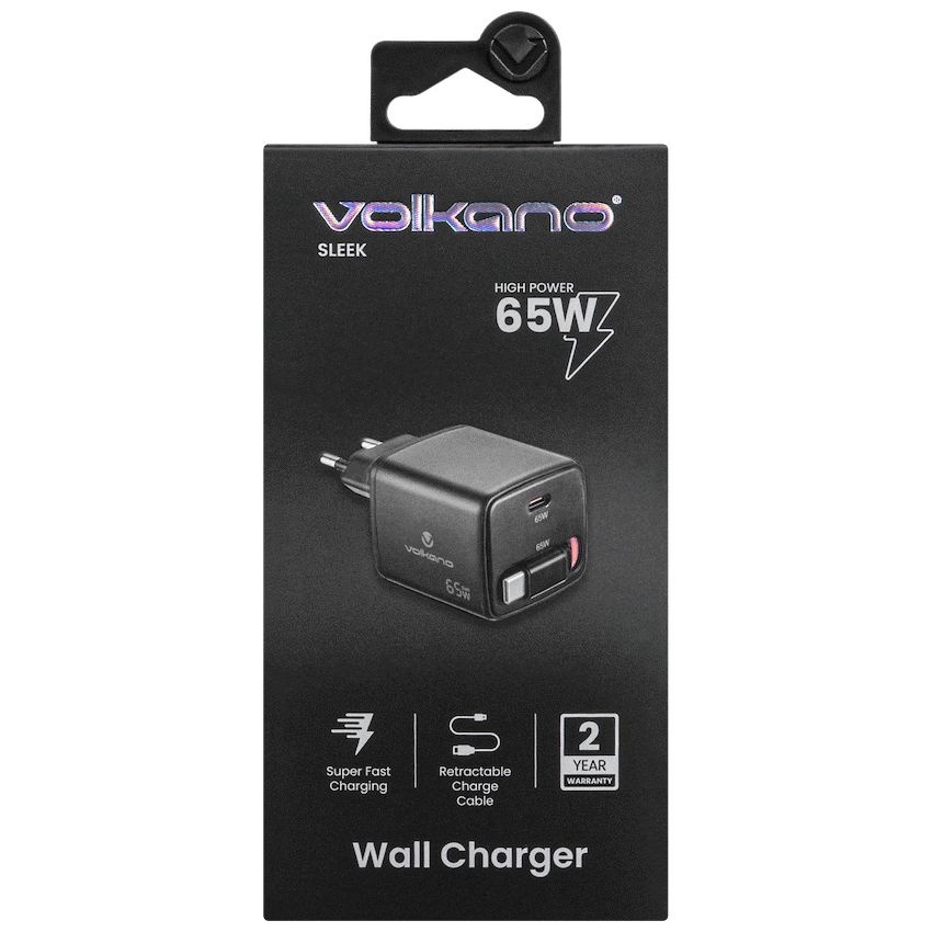 Volkano Sleek Series Fast Wall Charger 65W USB-C with Built-in Retractable 75cm Cable - Black | VK-8083-BK