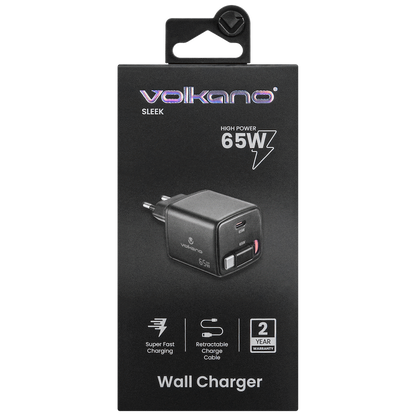 Volkano Sleek Series Fast Wall Charger 65W USB-C with Built-in Retractable 75cm Cable - Black | VK-8083-BK