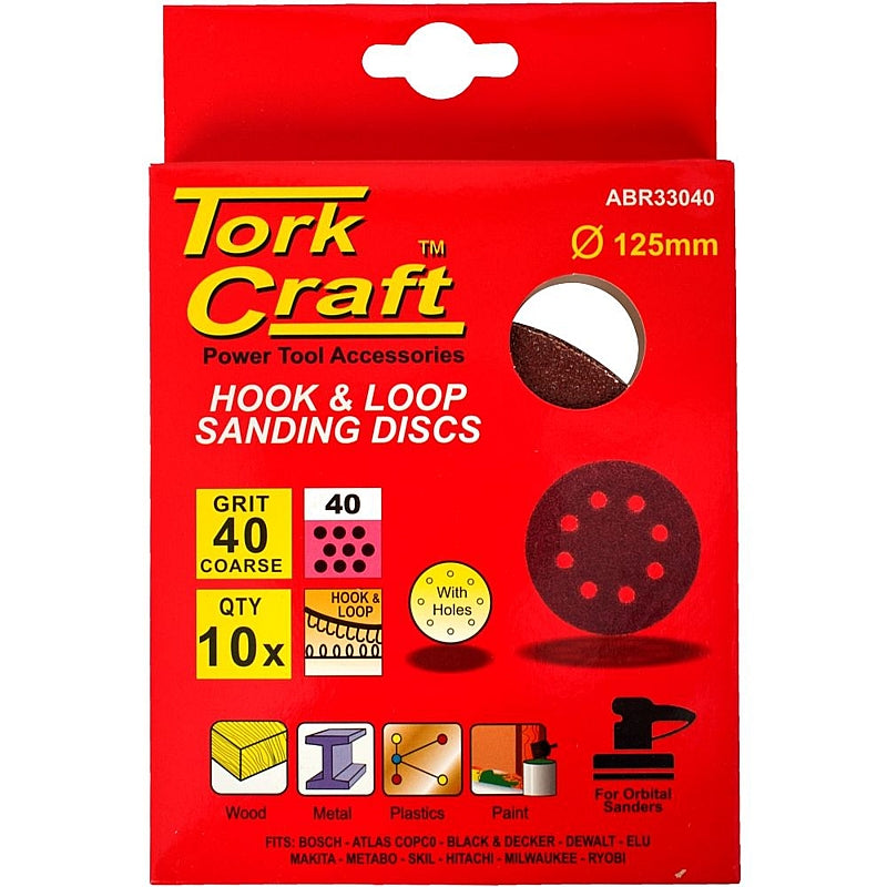 Tork Craft 10 Pack 125mm Hook & Loop Sanding Discs with Holes, 40 to 240 Grit