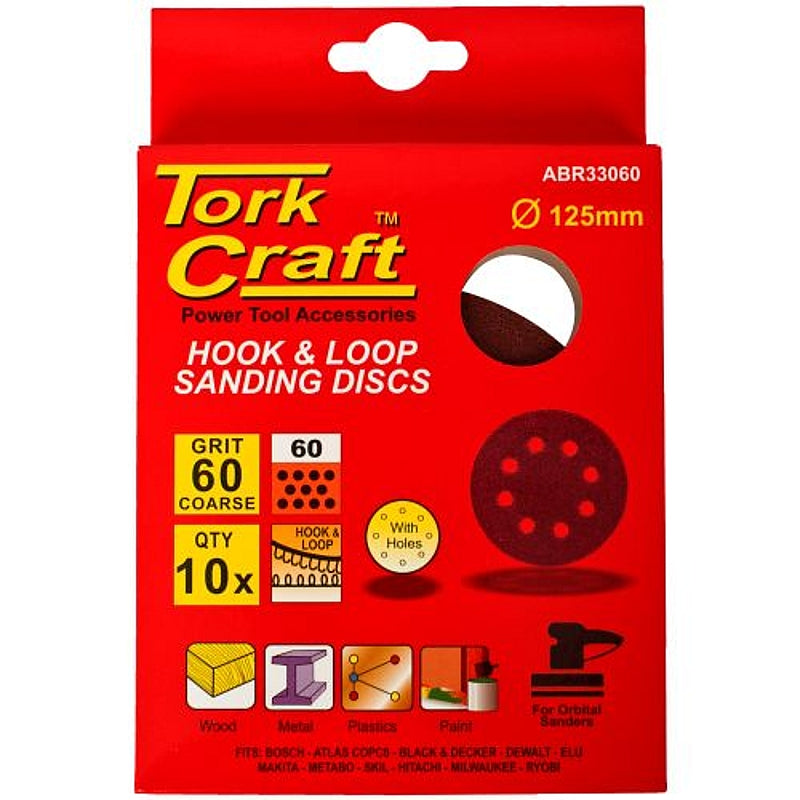 Tork Craft 10 Pack 125mm Hook & Loop Sanding Discs with Holes, 40 to 240 Grit