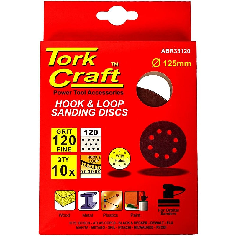 Tork Craft 10 Pack 125mm Hook & Loop Sanding Discs with Holes, 40 to 240 Grit