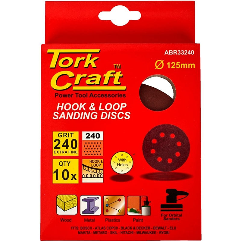 Tork Craft 10 Pack 125mm Hook & Loop Sanding Discs with Holes, 40 to 240 Grit