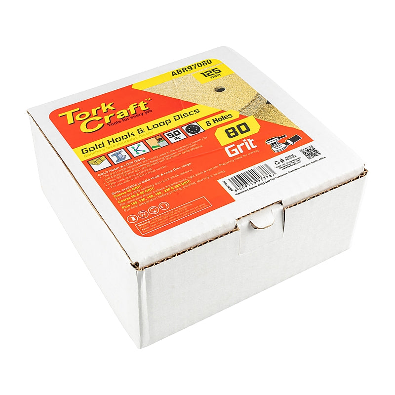 Tork Craft 50Pc Gold Discs, 125mm, 80 Grit, 8 Holes (Hook & Loop) | ABR97080