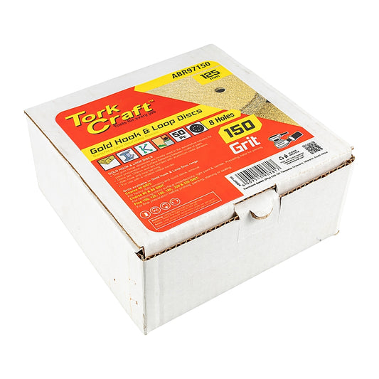 Tork Craft 50Pc Gold Discs, 125mm, 150 Grit, 8 Holes (Hook & Loop) | ABR97150