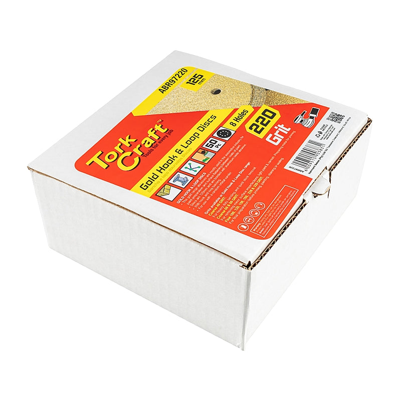 Tork Craft 50Pc Gold Discs, 125mm, 220 Grit, 8 Holes (Hook & Loop) | ABR97220