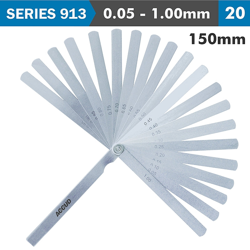 Accud 20-Blade Long Feeler Gauge Set, Length 150mm (0.05-1.00mm) | AC913-100-20