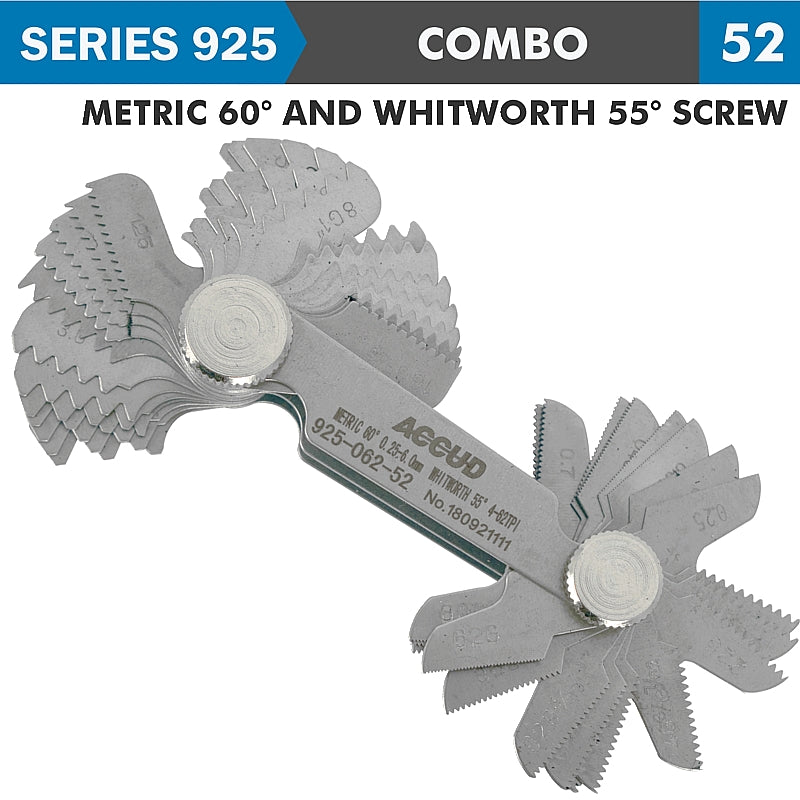 Accud 52-Blade Pitch Gauge Set, Metric 60°/Whitworth 55° Screw (0.25-6.0mm, 4-62TPI) | AC925-062-52