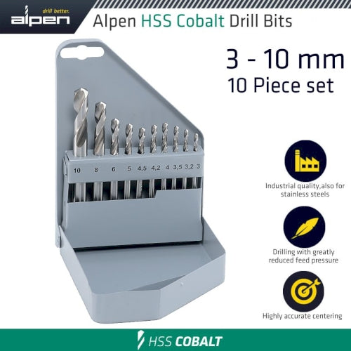 Hss cobalt 10 pcs set km pz10 3 3.2 3.5 4 4.2 4.5 5 6 8 10mm