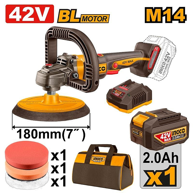 Ingco 42V Cordless BL Polisher 180mm, 2.0Ah Kit | APLI42181