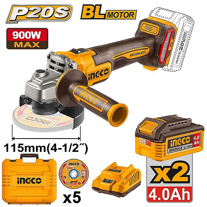 Ingco 20V Cordless BL Angle Grinder 115mm, 4.0Ah Kit | CAGLI261522