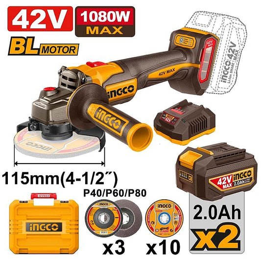 Ingco 42V Cordless BL Angle Grinder 115mm, 2.0Ah Kit | CAGLI4108112