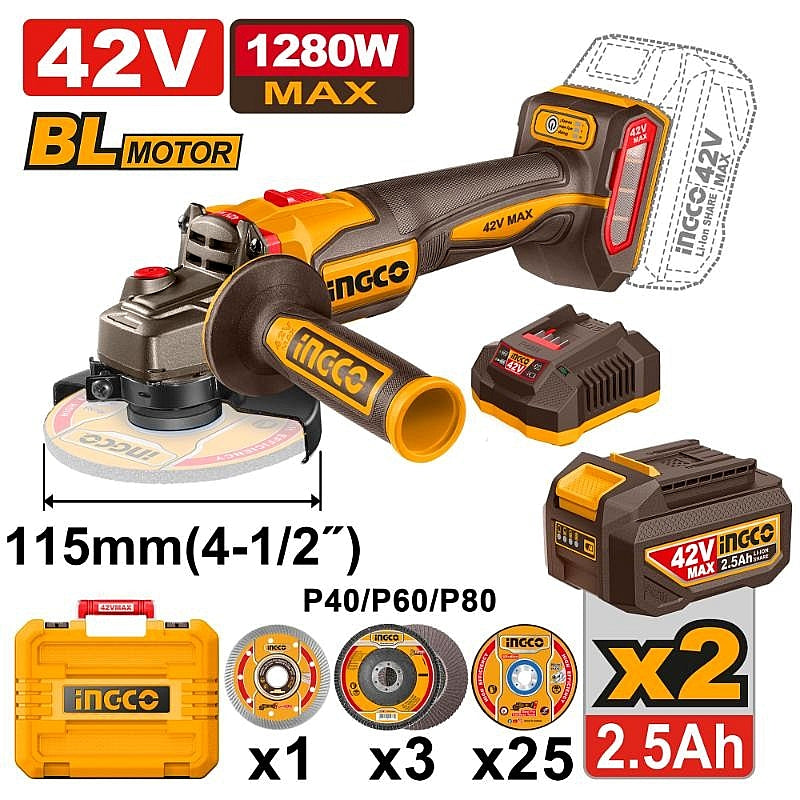 Ingco 42V Cordless BL Angle Grinder 115mm, 2.5Ah Kit | CAGLI4128112