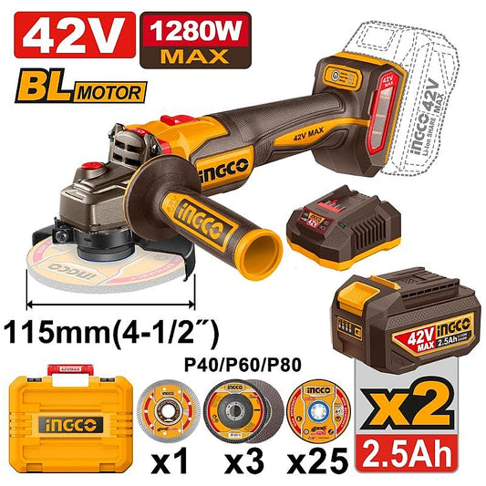 Ingco 42V Cordless BL Angle Grinder 115mm, 2.5Ah Kit | CAGLI4128112