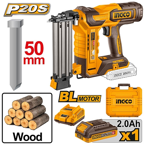 Ingco 20V Cordless Brushless Brad Nailer 18Ga, F15-F50, 1 x 2.0Ah Batt. Pk. | CBNLI5008