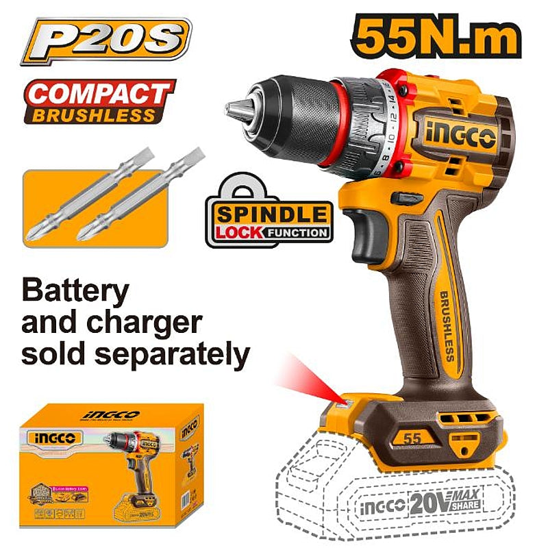 Ingco 20V Compact BL Cordless Drill 55Nm (Solo Unit) | CDLI205581
