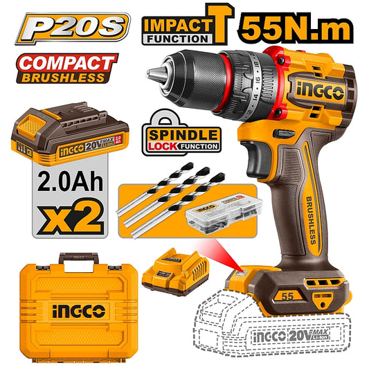 Ingco 20V Compact BL Cordless Impact Drill 55Nm, 2.0Ah Kit | CIDLI20558