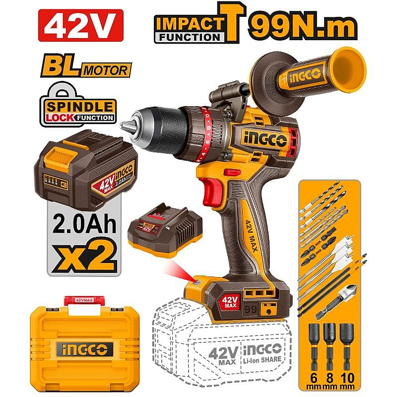 Ingco 42V Cordless BL Impact Drill 99Nm, 2.0Ah Kit | CIDLI429982