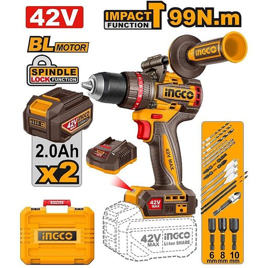 Ingco 42V Cordless BL Impact Drill 99Nm, 2.0Ah Kit | CIDLI429982