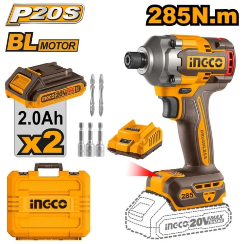 Ingco 20V Cordless Brushless Impact Driver Kit 285Nm, 2 x 2.0Ah Batt. Pk. | CIRLI2028