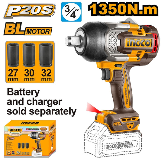 Ingco 20V BL Cordless 3/4" Sq. Dr. Impact Wrench 1350Nm (Solo Unit) | CIWLI201351