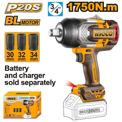 Ingco 20V BL Cordless 3/4" Sq. Dr. Impact Wrench 1750Nm (Solo Unit) | CIWLI201751