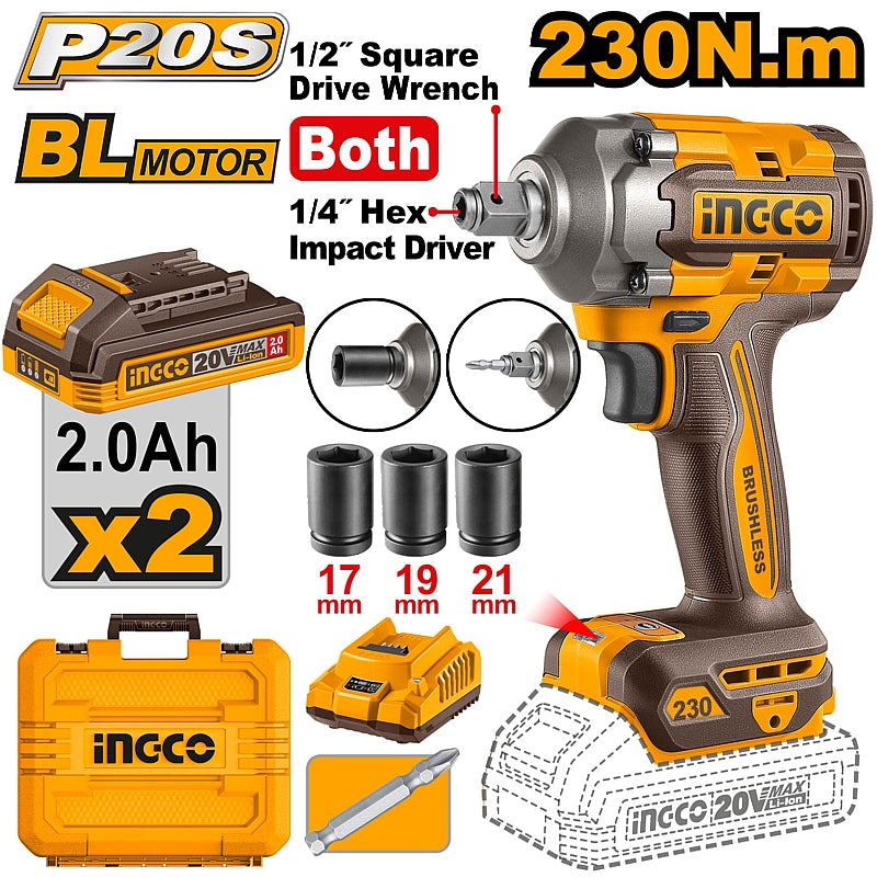 Ingco 2-In-1 20V BL Cordless Impact Wrench & Driver 230Nm, 2.0Ah Kit | CIWLI20236