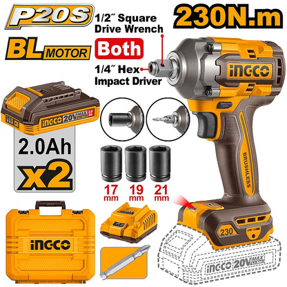 Ingco 2-In-1 20V BL Cordless Impact Wrench & Driver 230Nm, 2.0Ah Kit | CIWLI20236