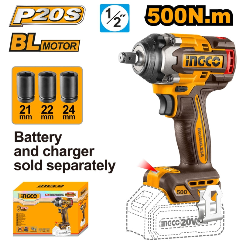 Ingco 20V BL Cordless 1/2" Sq. Dr. Impact Wrench 500Nm (Solo Unit) | CIWLI20501
