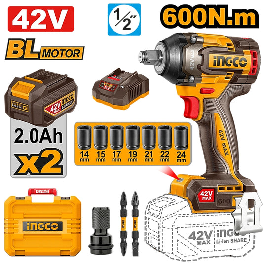 Ingco 42V Cordless BL 1/2" Sq. Dr. Impact Wrench 600Nm (Bare Tool) | CIWLI42602