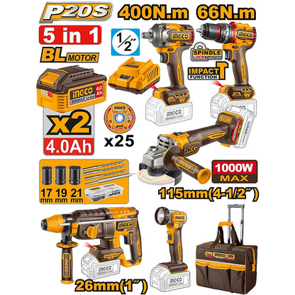 Ingco 5 Piece 20V Cordless Industrial Tool Combo Kit | CKLI2059