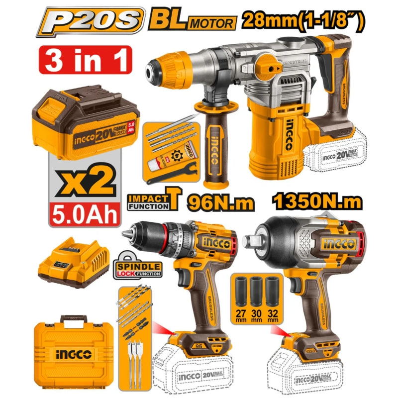 Ingco 3 Piece 20V Combo Kit, Rotary Hammer Drill + Impact Drill + Impact Wrench | COSLI250281